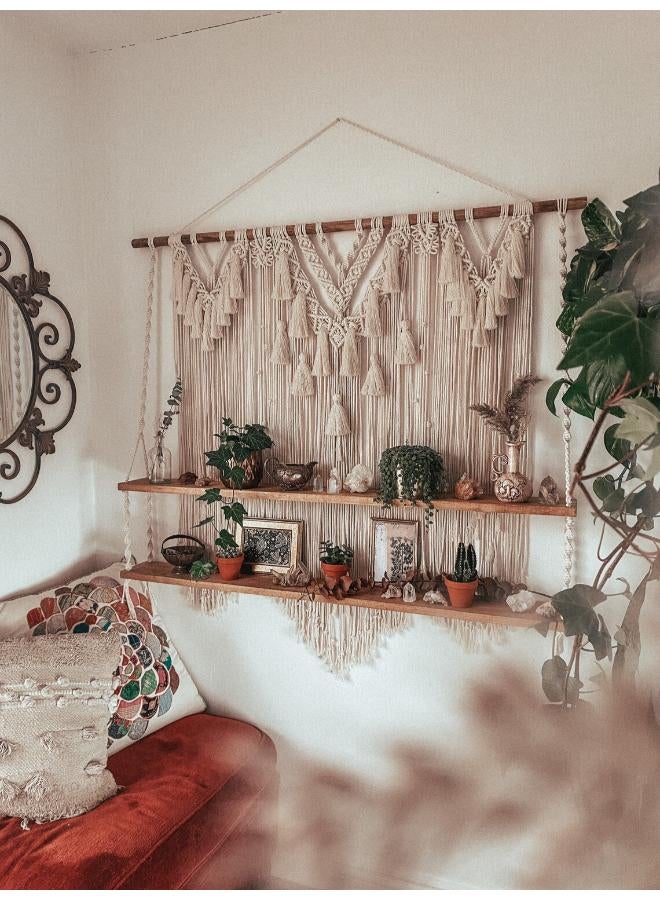 Handmade Double Tier Macrame Wall Shelf with Natural Wooden Shelves for Displaying Plants and Home Decor