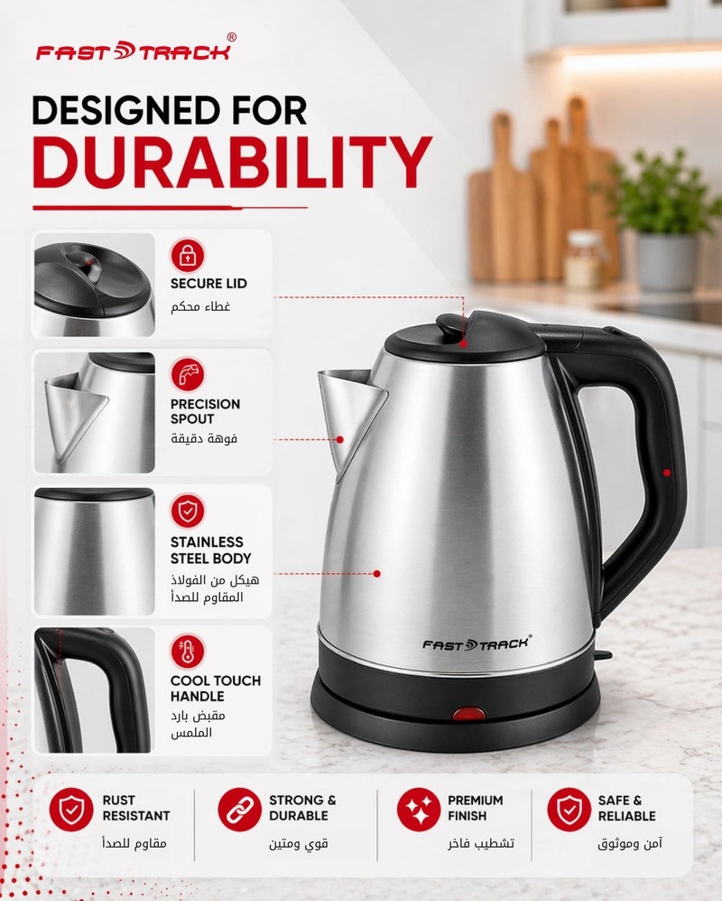 Fast Track 1.8L Stainless Steel Electric Kettle 1500W – EK-555 | 360° Base | Auto Safety Shut-Off | Dry Boil Protection | Fast Boiling Water & Tea | Silver/Black - Image 3