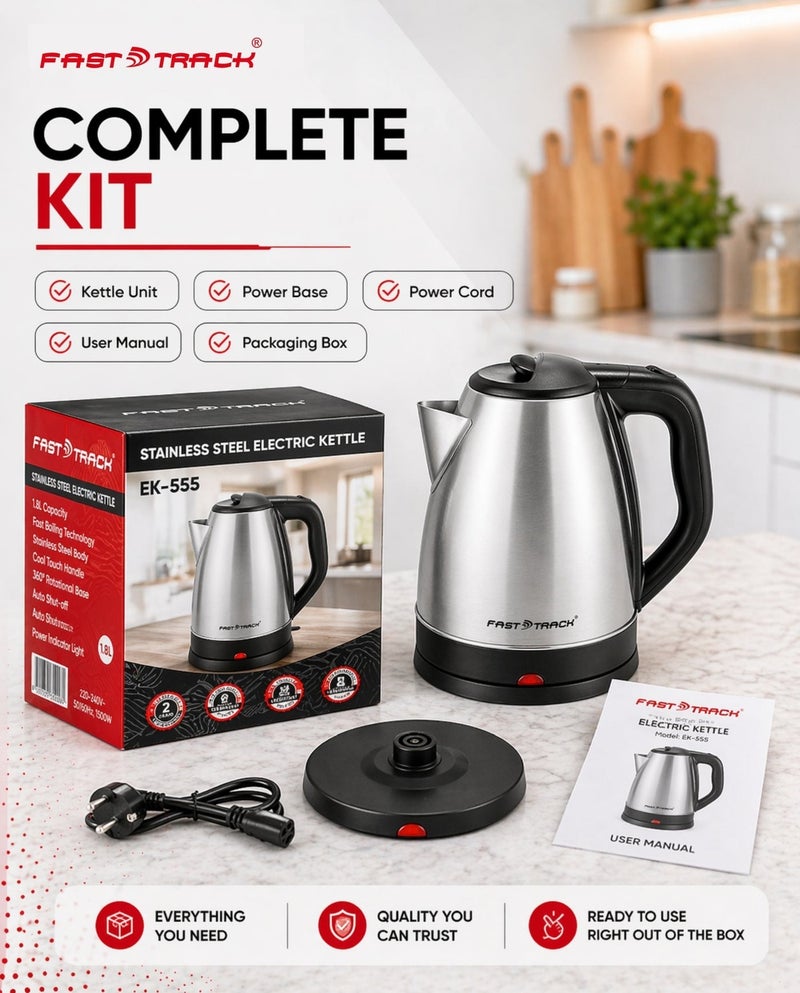 Fast Track 1.8L Stainless Steel Electric Kettle 1500W – EK-555 | 360° Base | Auto Safety Shut-Off | Dry Boil Protection | Fast Boiling Water & Tea | Silver/Black - Image 4