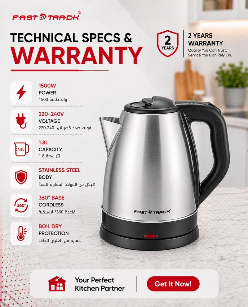 Fast Track 1.8L Stainless Steel Electric Kettle 1500W – EK-555 | 360° Base | Auto Safety Shut-Off | Dry Boil Protection | Fast Boiling Water & Tea | Silver/Black - Image 5