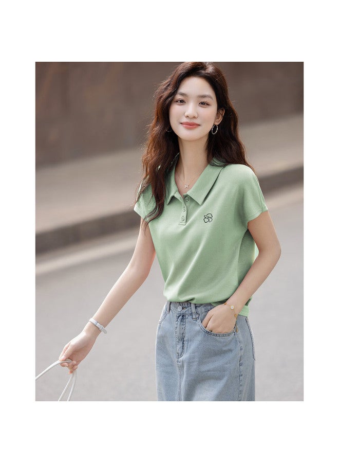 Dme Air Layer Selection Summer Smart Short Sleeve Polo Neck Base Shirt Floral Embroidery Women'S T-Shirt - Image 2