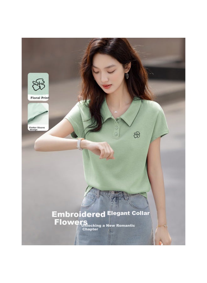 Dme Air Layer Selection Summer Smart Short Sleeve Polo Neck Base Shirt Floral Embroidery Women'S T-Shirt - Image 1