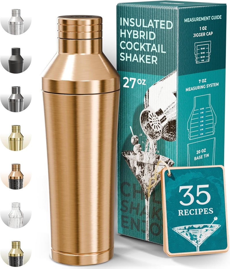 Bare Barrel Insulated Cocktail Shaker Set | Double Wall Stainless Steel | Martini Shaker for Home Bar Bartending | Built-in Drink Measurement System & Strainer, Travel Bag, 35 Recipes | Gift Set (Copper) - Image 1