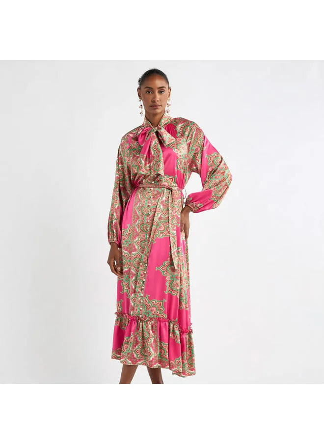 FAV All-Over Print Shirt Dress with Long Sleeves and Flounce Hem