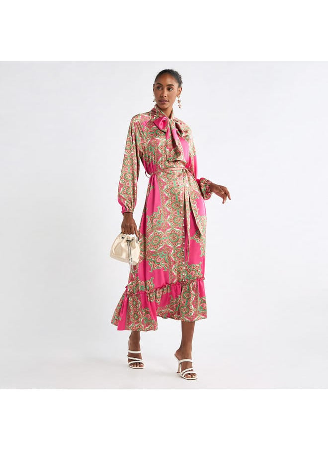 FAV - All-Over Print Shirt Dress with Long Sleeves and Flounce Hem - Image 1