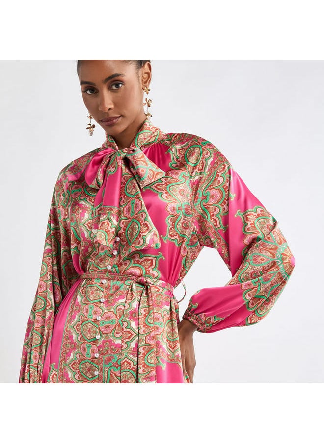FAV - All-Over Print Shirt Dress with Long Sleeves and Flounce Hem - Image 1