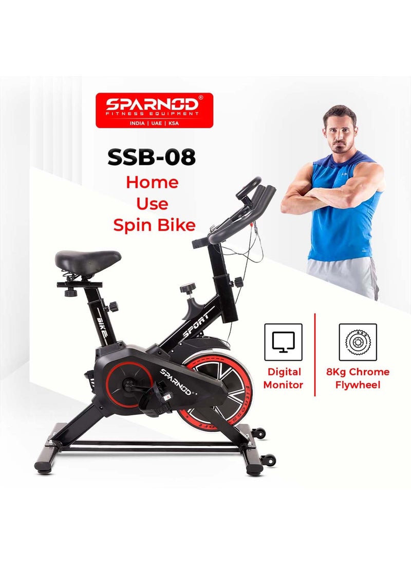 SPARNOD FITNESS SSB-08 Spin Bike Exercise Cycle for Home Gym with 8kg Flywheel, LED Display, Pulse Sensor, Adjustable Resistance, Silent Belt Drive, 4-way Adjustable Cushioned Seat and 2-way Handlebar