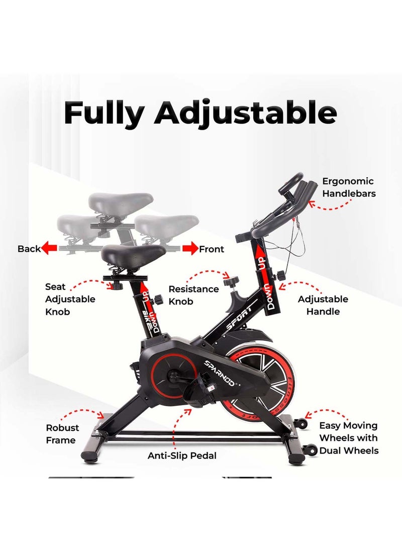 SPARNOD FITNESS SSB-08 Spin Bike Exercise Cycle for Home Gym with 8kg Flywheel, LED Display, Pulse Sensor, Adjustable Resistance, Silent Belt Drive, 4-way Adjustable Cushioned Seat and 2-way Handlebar
