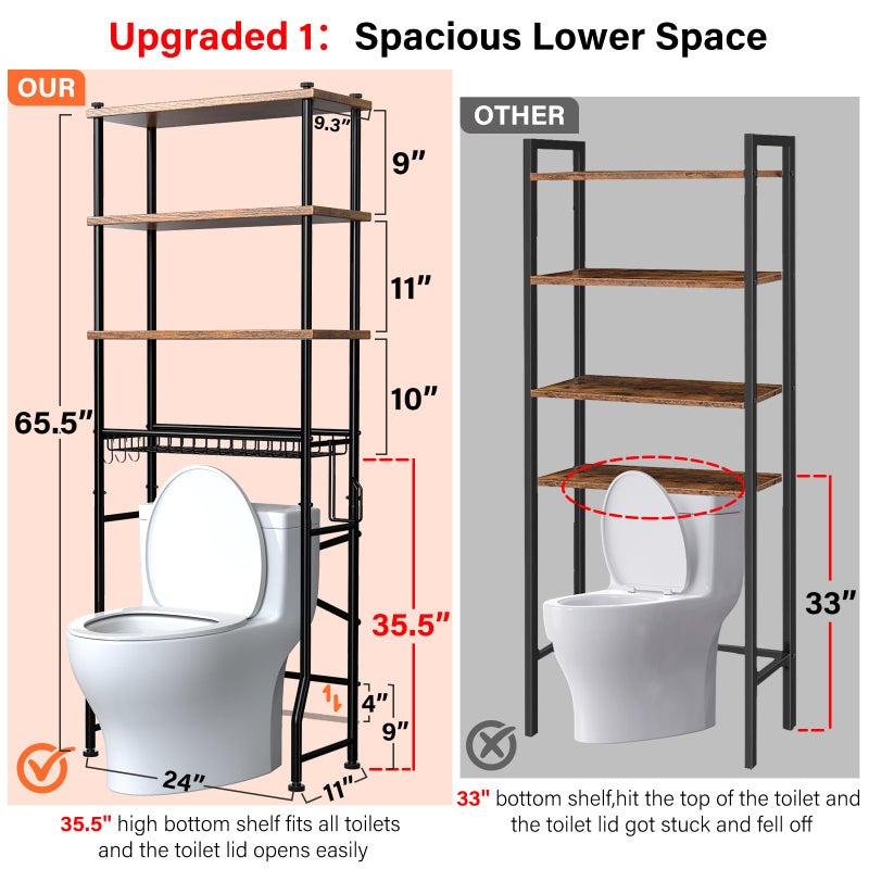 Dataroad Selead Over-The-Toilet Storage Shelves, 4-Tier Bathroom Organizer Shelf Over Toilet with Adjustable Feet Pad and Basket, Freestanding Space Saver Bathroom Storage Rack Above Toilet (Vintage Brown) - Image 2