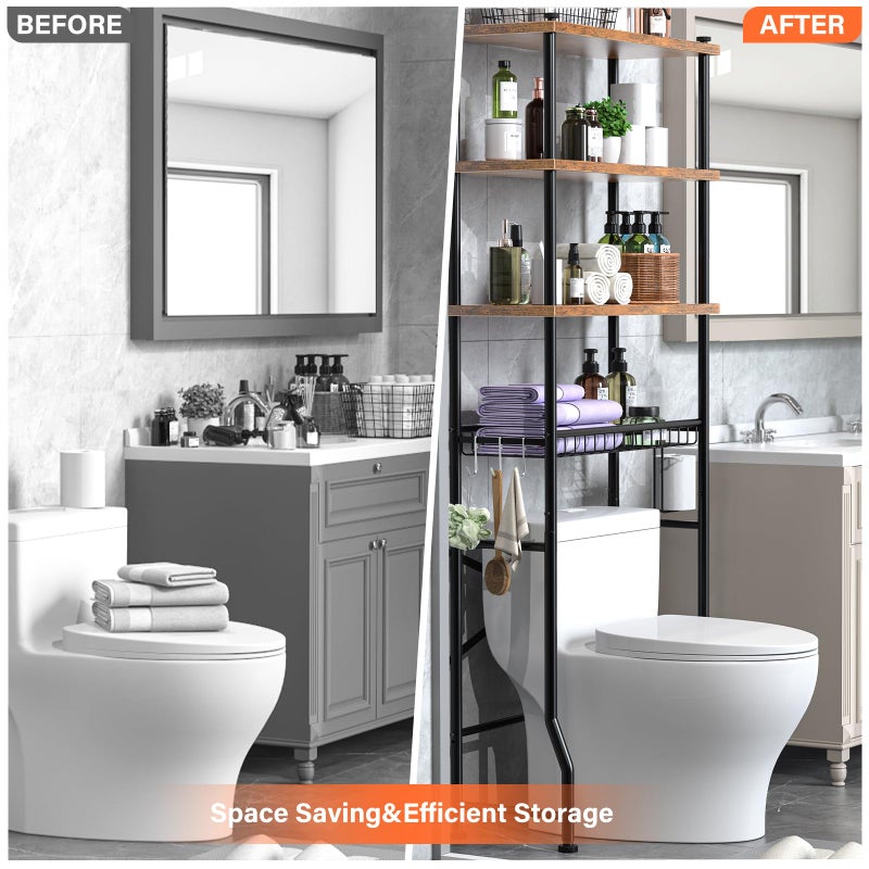 Dataroad Selead Over-The-Toilet Storage Shelves, 4-Tier Bathroom Organizer Shelf Over Toilet with Adjustable Feet Pad and Basket, Freestanding Space Saver Bathroom Storage Rack Above Toilet (Vintage Brown) - Image 5