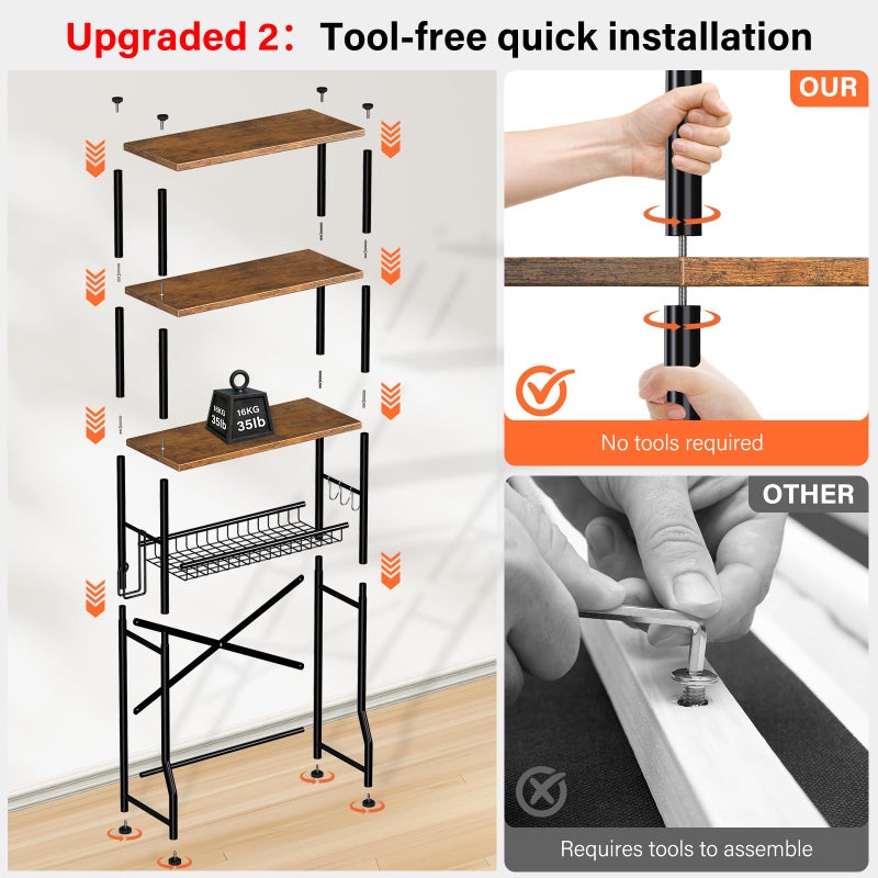 Dataroad Selead Over-The-Toilet Storage Shelves, 4-Tier Bathroom Organizer Shelf Over Toilet with Adjustable Feet Pad and Basket, Freestanding Space Saver Bathroom Storage Rack Above Toilet (Vintage Brown) - Image 3