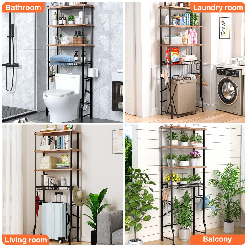 Dataroad Selead Over-The-Toilet Storage Shelves, 4-Tier Bathroom Organizer Shelf Over Toilet with Adjustable Feet Pad and Basket, Freestanding Space Saver Bathroom Storage Rack Above Toilet (Vintage Brown) - Image 4