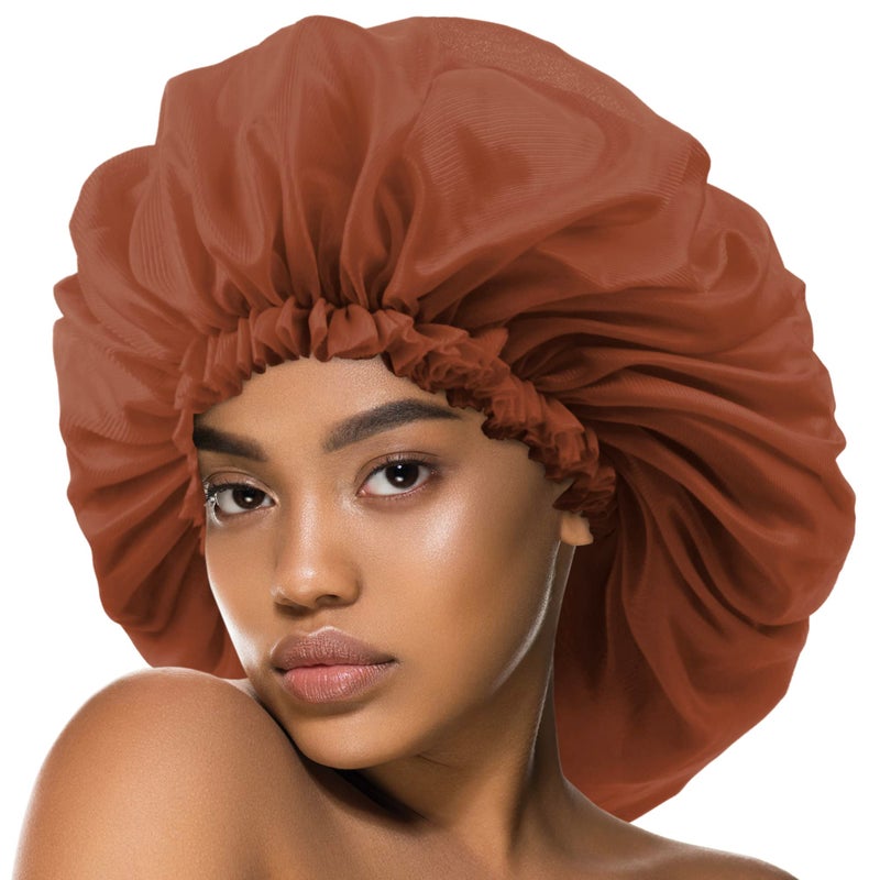 DONNA Argan Black Castor Treatment Caps Satin Sleep Cap Bonnet Hair Accessories Shower Caps for Women Reusable Waterproof Super Jumbo BROWN