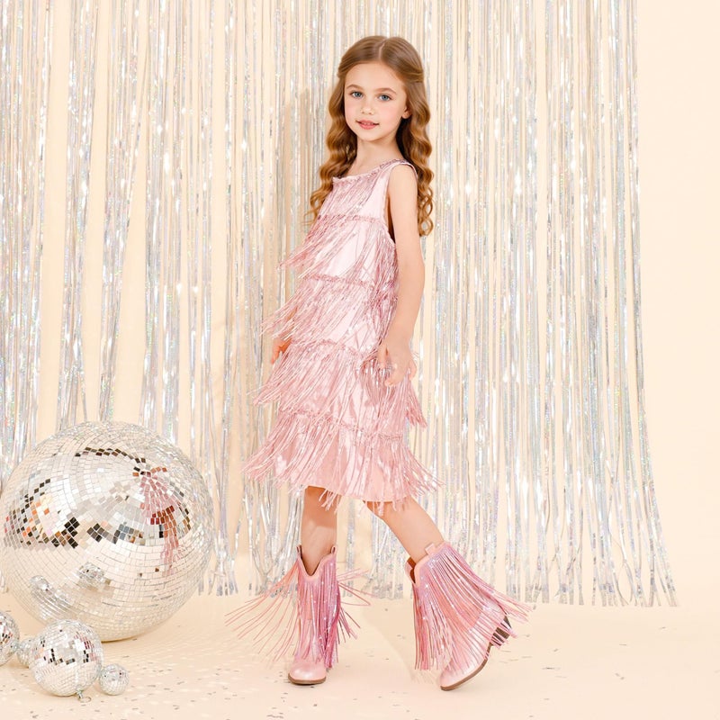 LAURMOSA Pink Cowgirl Boots for Girls Cowboy Boots Size 13 Fringe Rhinestone Cow Girl Little Kids Western Boot Sparkle Tassel Mid Calf Pointed Toe Low Heel Party Birthday Dress Dance (L1056PUPink 13) - Image 2