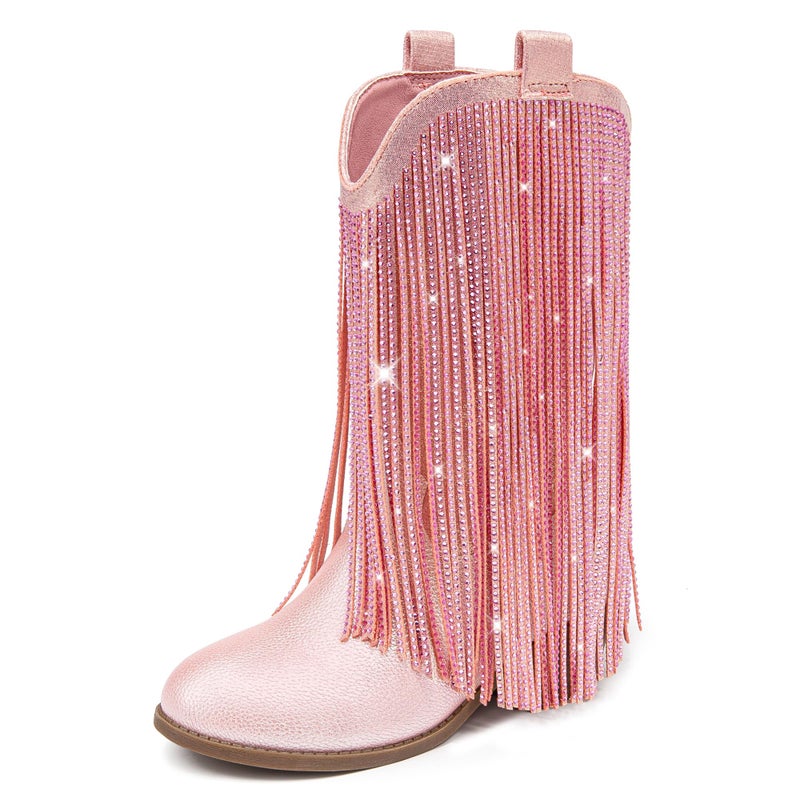 LAURMOSA Pink Cowgirl Boots for Girls Cowboy Boots Size 13 Fringe Rhinestone Cow Girl Little Kids Western Boot Sparkle Tassel Mid Calf Pointed Toe Low Heel Party Birthday Dress Dance (L1056PUPink 13) - Image 1