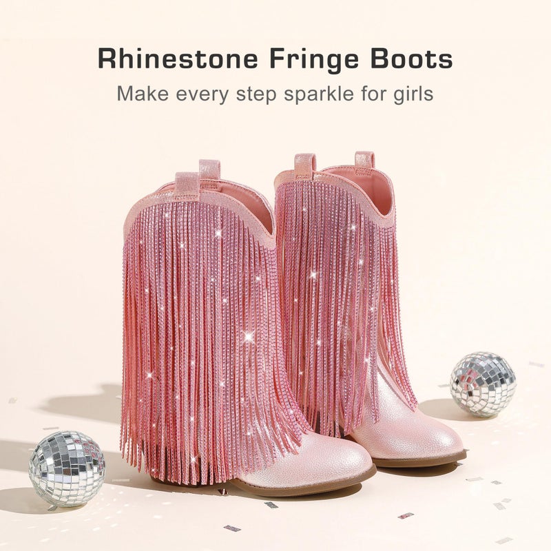 LAURMOSA Pink Cowgirl Boots for Girls Cowboy Boots Size 13 Fringe Rhinestone Cow Girl Little Kids Western Boot Sparkle Tassel Mid Calf Pointed Toe Low Heel Party Birthday Dress Dance (L1056PUPink 13) - Image 4