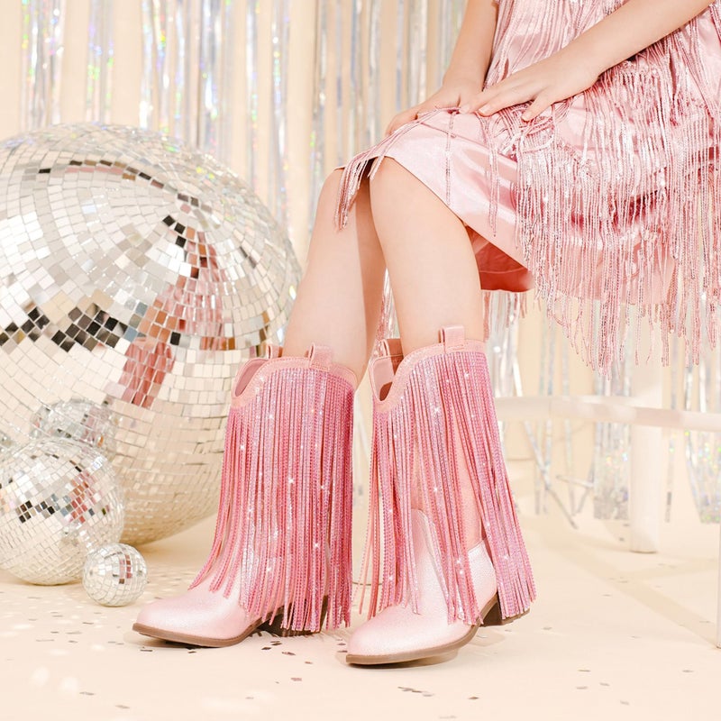 LAURMOSA Pink Cowgirl Boots for Girls Cowboy Boots Size 13 Fringe Rhinestone Cow Girl Little Kids Western Boot Sparkle Tassel Mid Calf Pointed Toe Low Heel Party Birthday Dress Dance (L1056PUPink 13) - Image 3