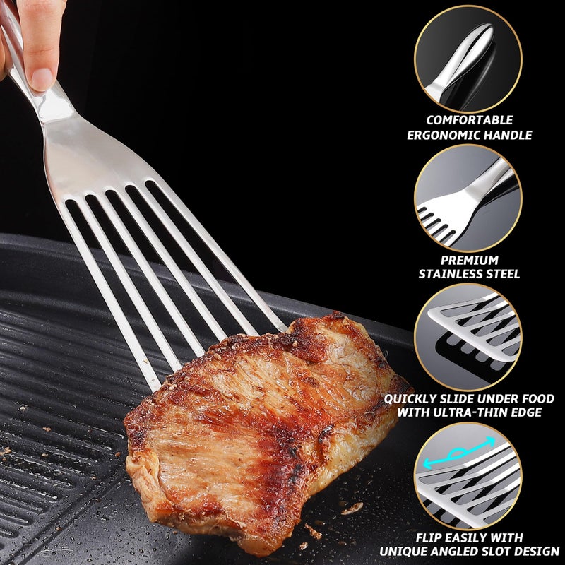 Gourmet Easy Fish Spatula Stainless Steel Combo, 1 Large Fish Turner Spatula + 1 Small Griddle Spatula, Metal Spatula for Kitchen Use, Slotted Spatulas, Frying Spatula with Thin Edge Ideal for Turning & Flipping - Image 2