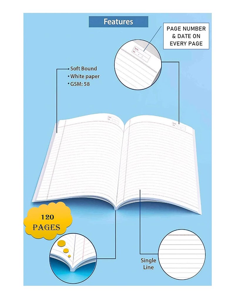 RUSH NOTE BOOKS 120 Pages A4 Long Notebook Register - Single Line Ruled 60 GSM 120 Pages (29 x 21 cm) Pack of 1 - Image 4