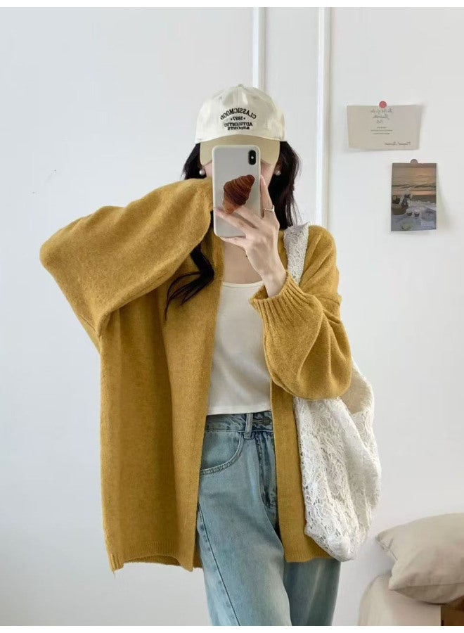 Leyuan Autumn Winter New Solid Color Mid-length Loose Oversized Lazy Style Women's Sweater Knitted Cardigan Coat - Image 1