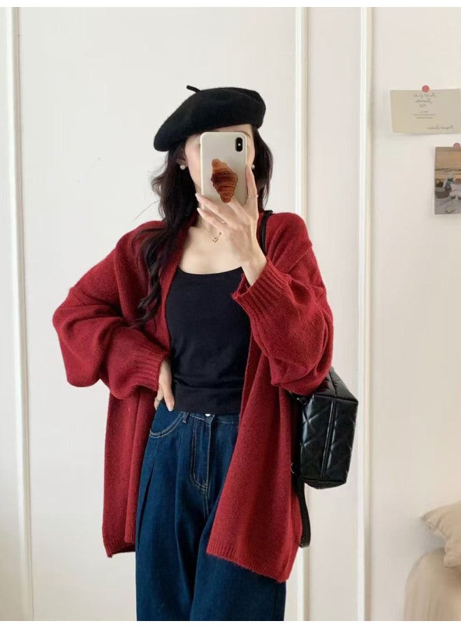 Leyuan Autumn Winter New Solid Color Mid-length Loose Oversized Lazy Style Women's Sweater Knitted Cardigan Coat - Image 3