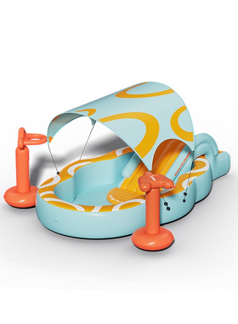 ما بيبي حمام سباحة خارجي قابل للطي بطول 2.1 متر، مركز لعب للأطفال قابل للنفخ مع شريحة ظل قابلة للفصل للأطفال، حفرة كروية للاستخدام الداخلي، جهاز نفخ لاسلكي - Image 1