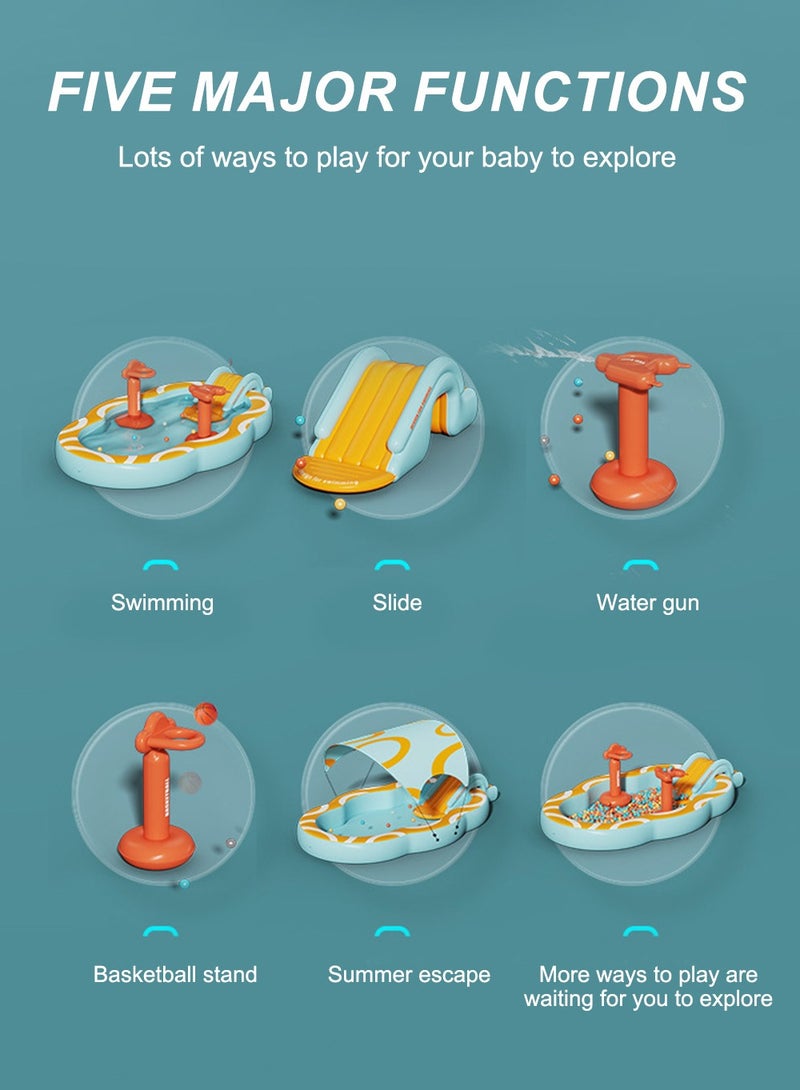 ما بيبي حمام سباحة خارجي قابل للطي بطول 2.1 متر، مركز لعب للأطفال قابل للنفخ مع شريحة ظل قابلة للفصل للأطفال، حفرة كروية للاستخدام الداخلي، جهاز نفخ لاسلكي - Image 2