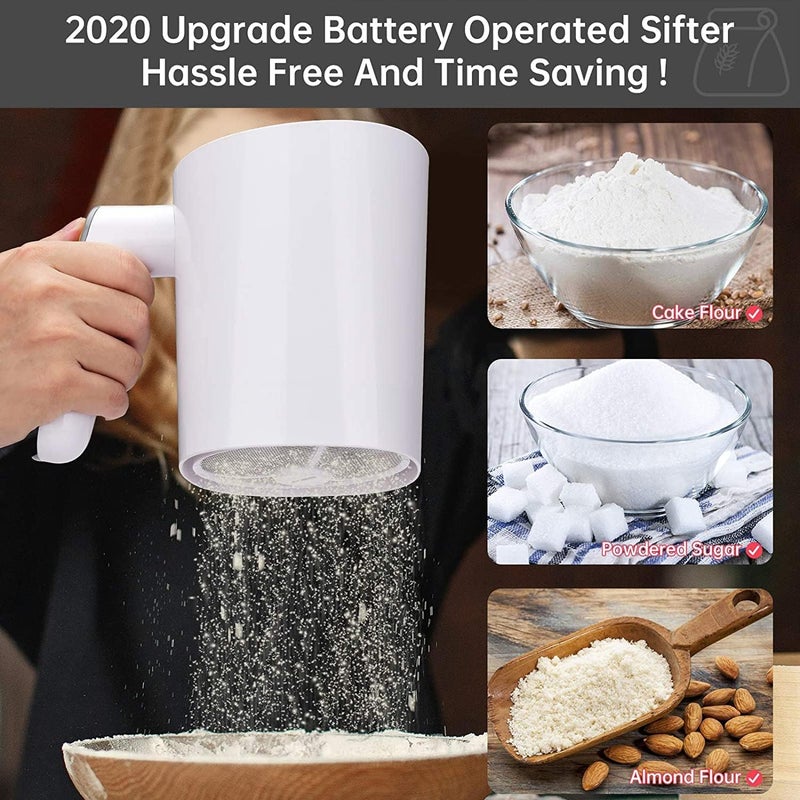HYCBTC Electric Flour Sifter, Battery Operated Flour Sifter for Baking with Dough Scraper, Ergonomical Handle Flour Sieve for Cooking, 4 Cup Sieve, Pastry Baking, Easy to Clean - Image 2