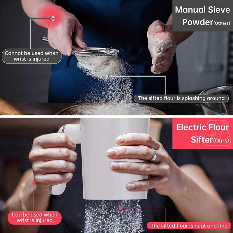 HYCBTC Electric Flour Sifter, Battery Operated Flour Sifter for Baking with Dough Scraper, Ergonomical Handle Flour Sieve for Cooking, 4 Cup Sieve, Pastry Baking, Easy to Clean - Image 3
