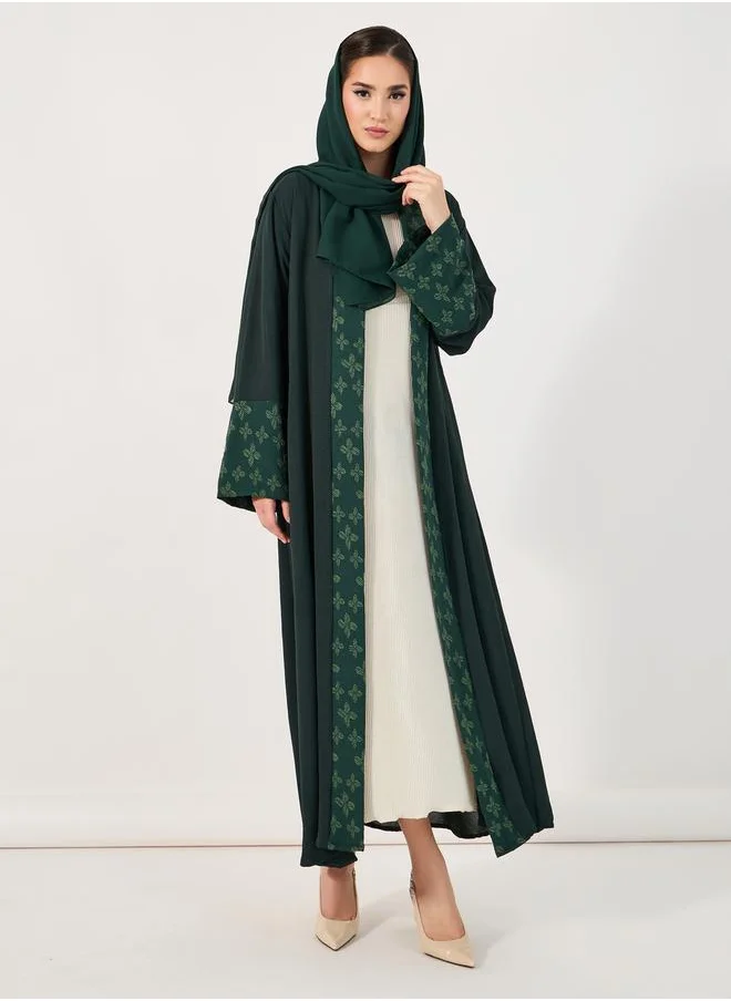 Styli Floral Border Print Crepe Abaya with Hijab