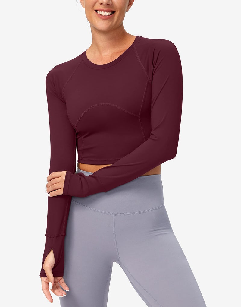 SANTINY Women's Long Sleeve Crop Workout Tops Slim Fit Gym Yoga Running Shirts for Women(Wine_L) - Image 2