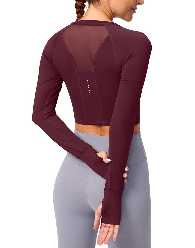SANTINY Women's Long Sleeve Crop Workout Tops Slim Fit Gym Yoga Running Shirts for Women(Wine_L) - Image 1