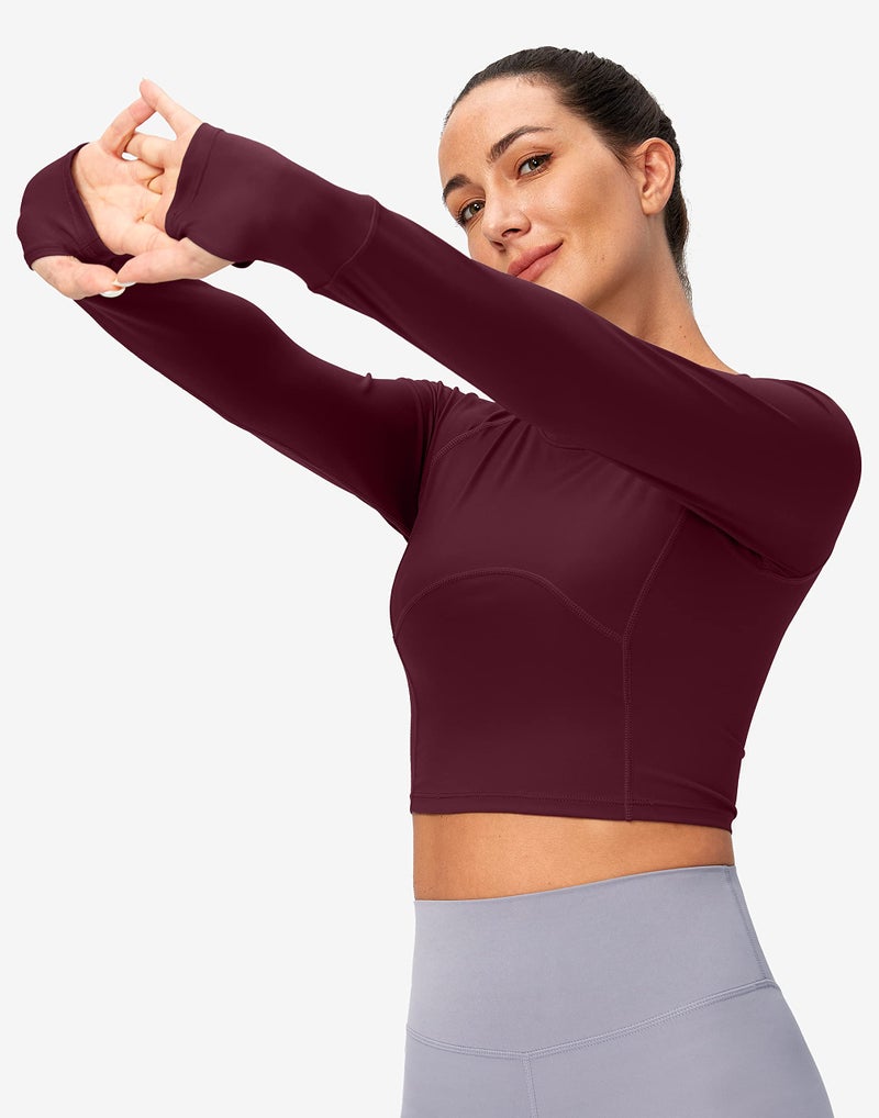 SANTINY Women's Long Sleeve Crop Workout Tops Slim Fit Gym Yoga Running Shirts for Women(Wine_L) - Image 4