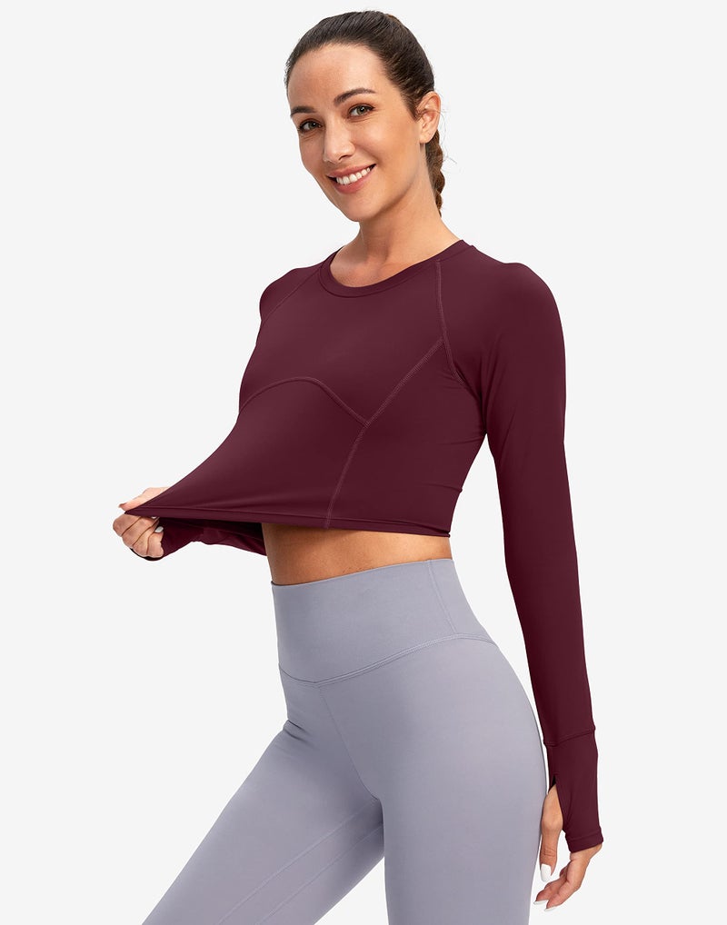 SANTINY Women's Long Sleeve Crop Workout Tops Slim Fit Gym Yoga Running Shirts for Women(Wine_L) - Image 5