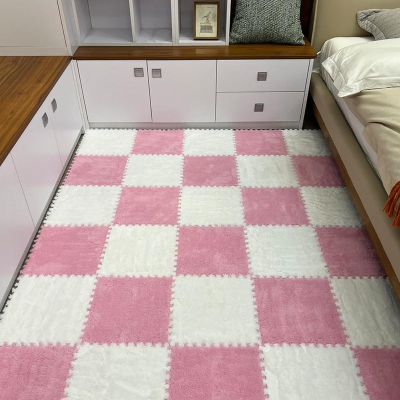 BXEBUI 12pcs Carpet Squares Puzzle Floor Mat, Plush Interlocking Carpet Tiles, Anti Slip EVA Foam Jigsaw Floor Tiles, Build A Safe Area for Bedroom Playroom (Pink+White) - Image 2