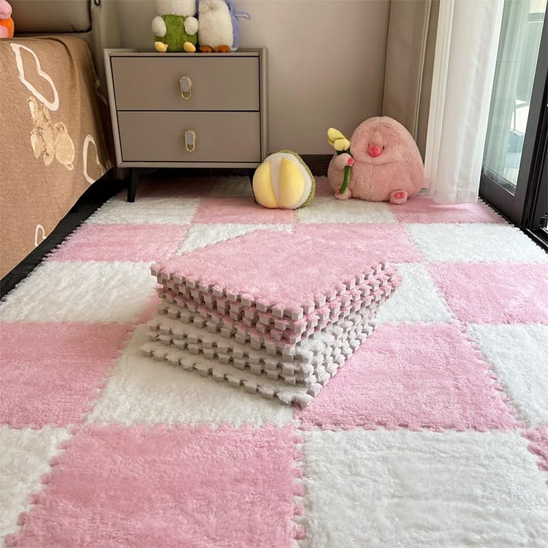 BXEBUI 12pcs Carpet Squares Puzzle Floor Mat, Plush Interlocking Carpet Tiles, Anti Slip EVA Foam Jigsaw Floor Tiles, Build A Safe Area for Bedroom Playroom (Pink+White) - Image 1