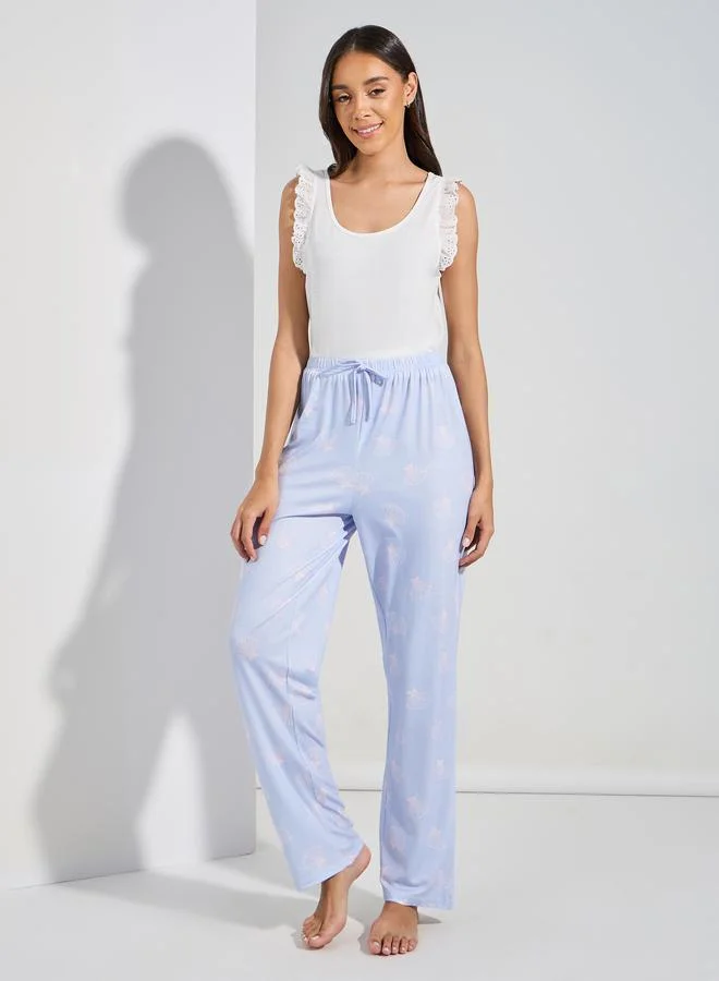 ستايلي Schiffli Trim Solid Vest & Shell Print Pyjama Set