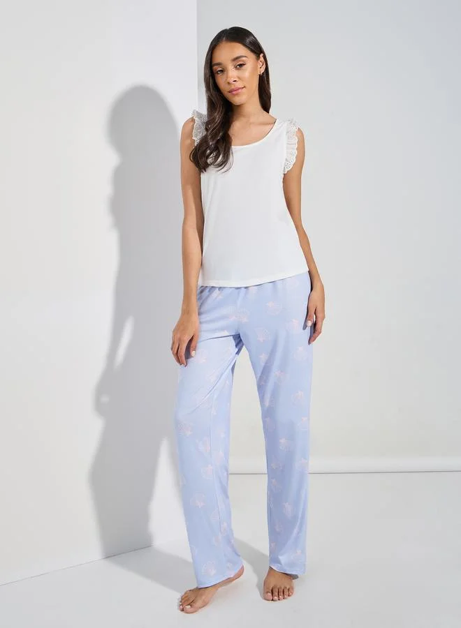 ستايلي Schiffli Trim Solid Vest & Shell Print Pyjama Set