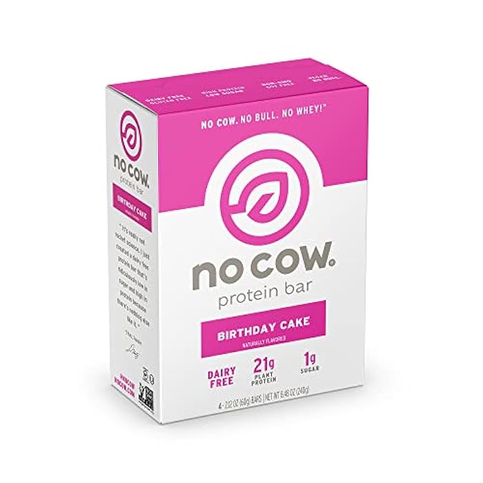 No Cow High Protein Bars, Birthday Cake, 21g Plant Based Vegan Protein, Keto Friendly, Low Sugar, Low Carb, Low Calorie, Gluten Free, Naturally Sweetened, Dairy Free, Non GMO, Kosher, 4 Pack - Image 1