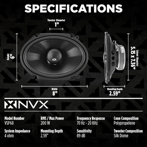 NVX® VSP68 6x8 / 5x7 Premium Car Speakers, 600W Max, 200W RMS, 2-Way Coaxial w/ 1" Silk Dome Tweeters & Built-in X-Overs, Easy to Install in Cars/Trucks/Doors (Pair) - Image 3