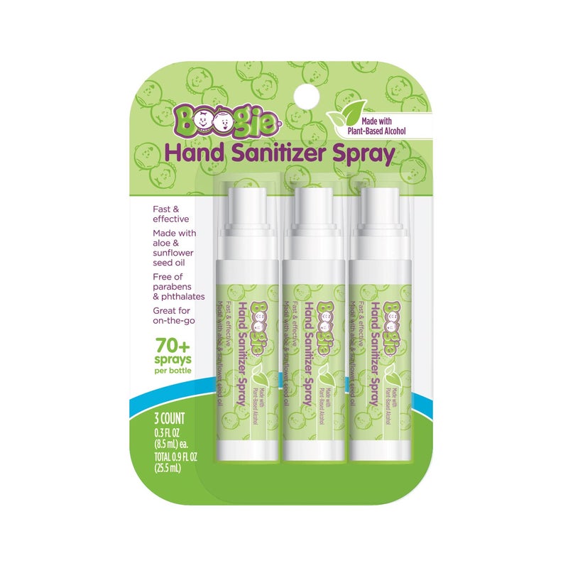 Boogie Wipes بخاخ مطهر يدين للأطفال والرضع من بوغي كيدز، رائع لحقيبة الحفاضات والحقائب المدرسية، يحتوي على كحول نباتي، مصنوع من الألوة وفيتامين E وزيت بذور عباد الشمس، 3 قطع (عبوة من 1) - Image 1