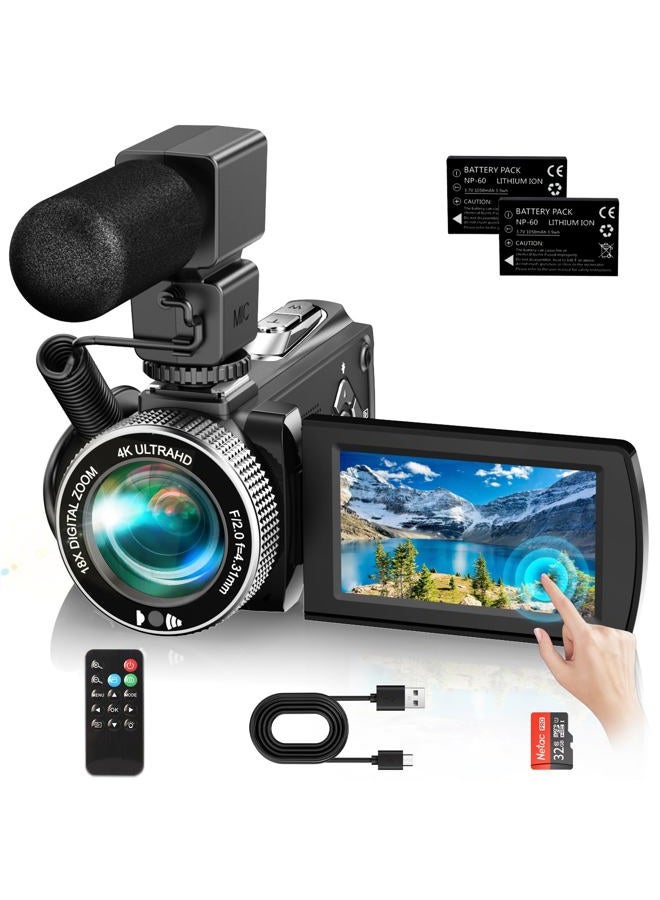YOTOMIGUO 4K Video Camera Camcorder 48MP, 3.0" Touch Screen,18X Digital Zoom IR Night Vision with Microphone/Remote Control/ 32G Card/ 2 Batteries