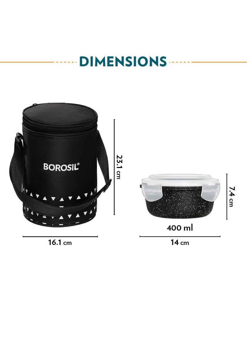 BOROSIL Borosil Kube Black Borosilicate Glass Lunchbox with Bag 3 pc Round Container Set 400 ml Each Microwave Dishwasher Safe Leakproof Tiffin for Office School College  - Image 2