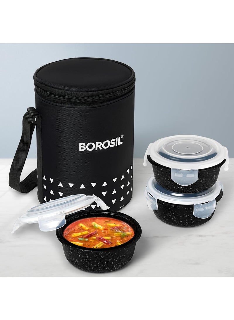 BOROSIL Borosil Kube Black Borosilicate Glass Lunchbox with Bag 3 pc Round Container Set 400 ml Each Microwave Dishwasher Safe Leakproof Tiffin for Office School College  - Image 1