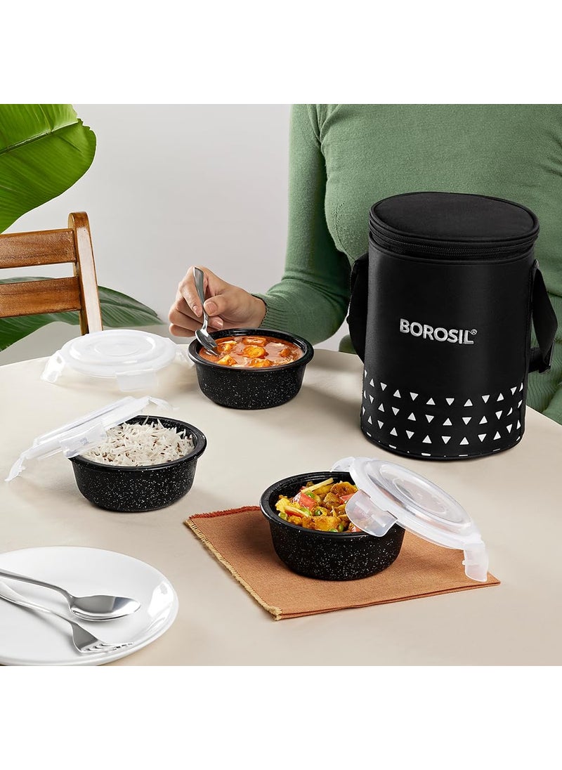 BOROSIL Borosil Kube Black Borosilicate Glass Lunchbox with Bag 3 pc Round Container Set 400 ml Each Microwave Dishwasher Safe Leakproof Tiffin for Office School College  - Image 4