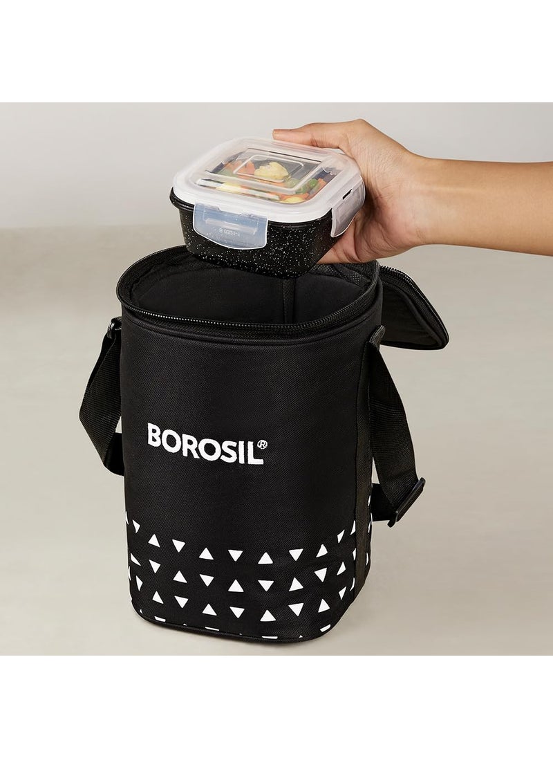 BOROSIL Borosil Kube Black Borosilicate Glass Lunchbox with Bag 3 pc Round Container Set 400 ml Each Microwave Dishwasher Safe Leakproof Tiffin for Office School College  - Image 5