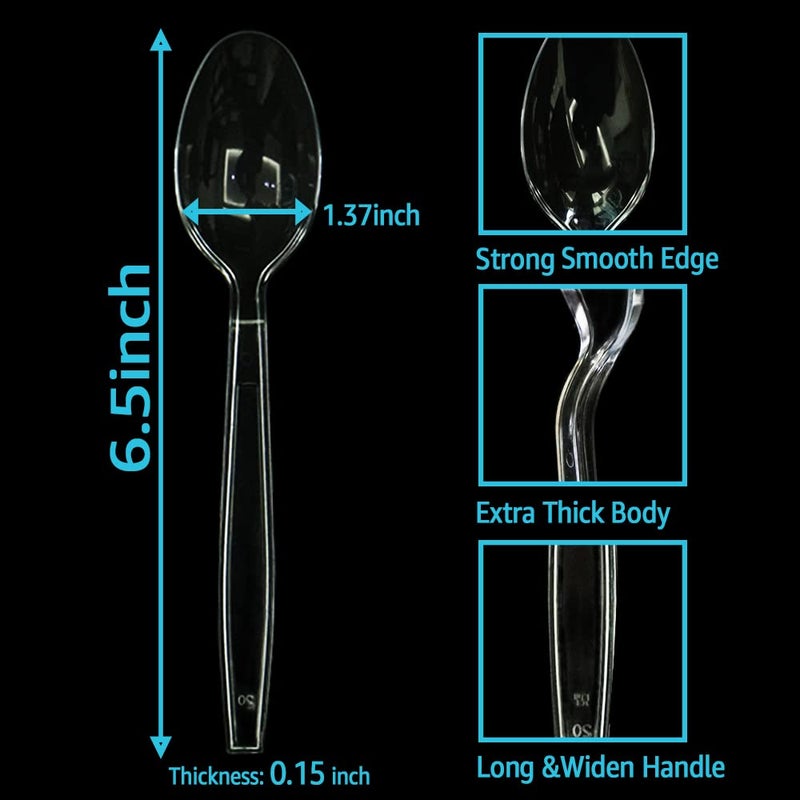 SUYANGECO [100 Count] Clear Plastic Spoons Heavy Duty Disposable Spoon Reusable Bulk Plastic Utensils Sturdy Cutlery Set Durable Plasticware Silverware for Party Every Day Use Picnic Camping Wedding Barbecues - Image 3