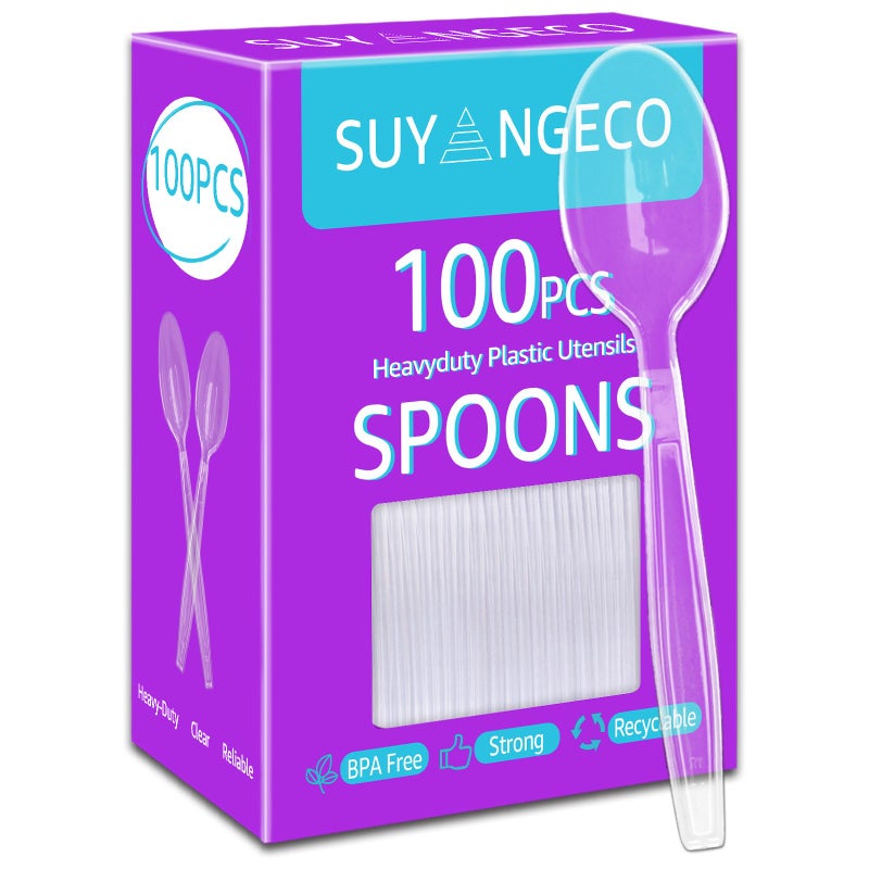 SUYANGECO [100 Count] Clear Plastic Spoons Heavy Duty Disposable Spoon Reusable Bulk Plastic Utensils Sturdy Cutlery Set Durable Plasticware Silverware for Party Every Day Use Picnic Camping Wedding Barbecues - Image 1