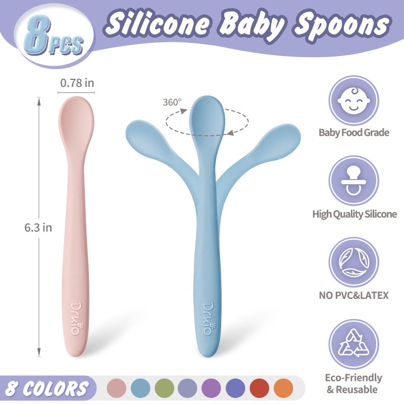 DRKIO 8-Piece Silicone Baby Spoons - Infant Spoons First Stage Self Feeding Baby Led Weaning Supplies Toddler Training Utensils Soft Chewable-Tip Bendable BPA-Free Dishwasher Safe Boil-proof - Image 2