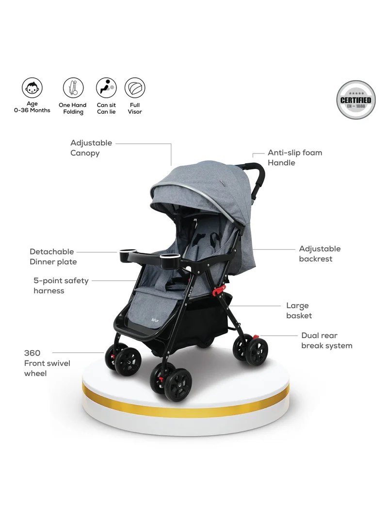 Nurtur Bliss Ultra Compact Lightweight Baby Travel Stroller with Storage Basket, Detachable Food Tray, Reclining Seat and Leg Rest, 0-36 Months, Grey